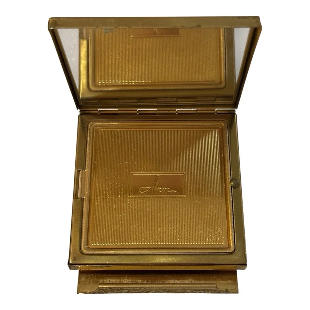 Vintage Avon Gold Tone Powder Compact Mirror w Puff Art Deco Style Vanity